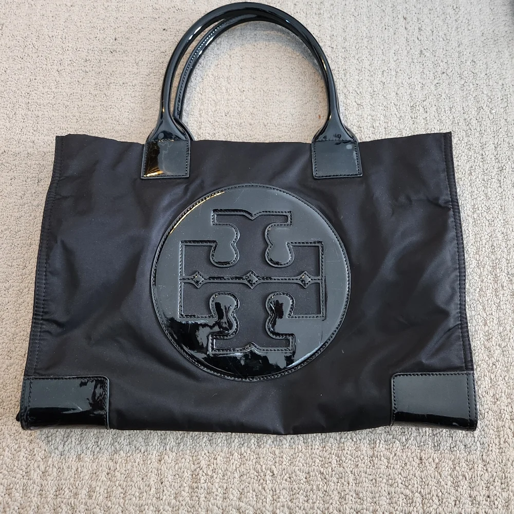 Tory Burch Black Patent-Trim Logo Tote